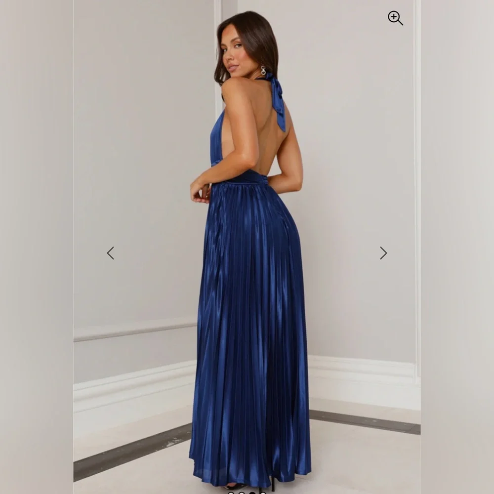 SHIMMERING SEA PLEATED HALTER MAXI DRESS NAVY - Picture 3 of 3
